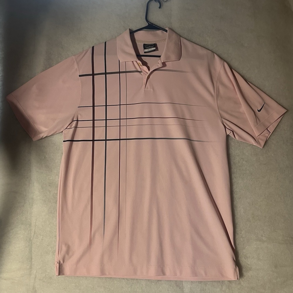 Nike Golf Polo Shirt Mens Medium Pink Short Sleeve Striped Dri Fit Performance